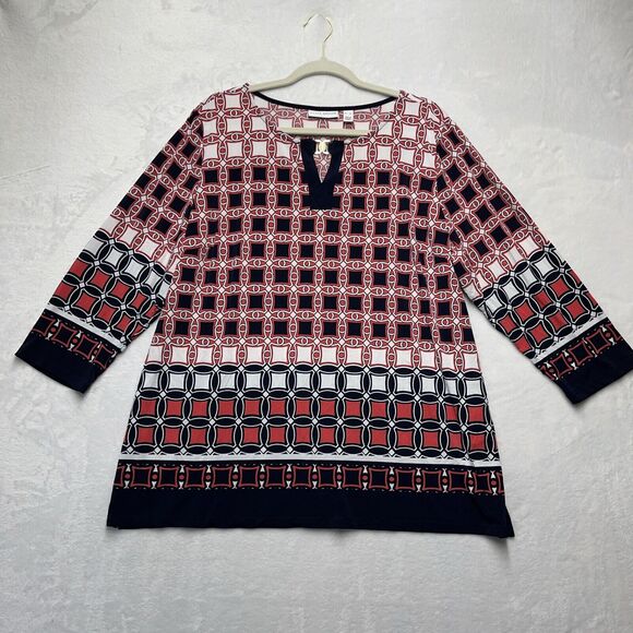 Susan Graver Tops - Susan Graver Liquid Knit 3/4 Sleeve Top Womens XL Slinky Stretch Artsy Geometric